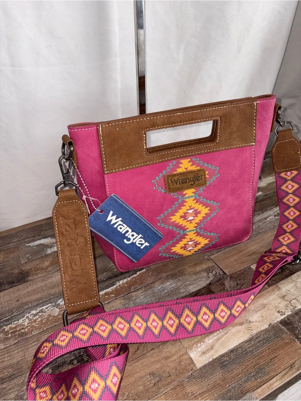 Wrangler Fuchsia Suede Crossbody with Southwestern Embroidery